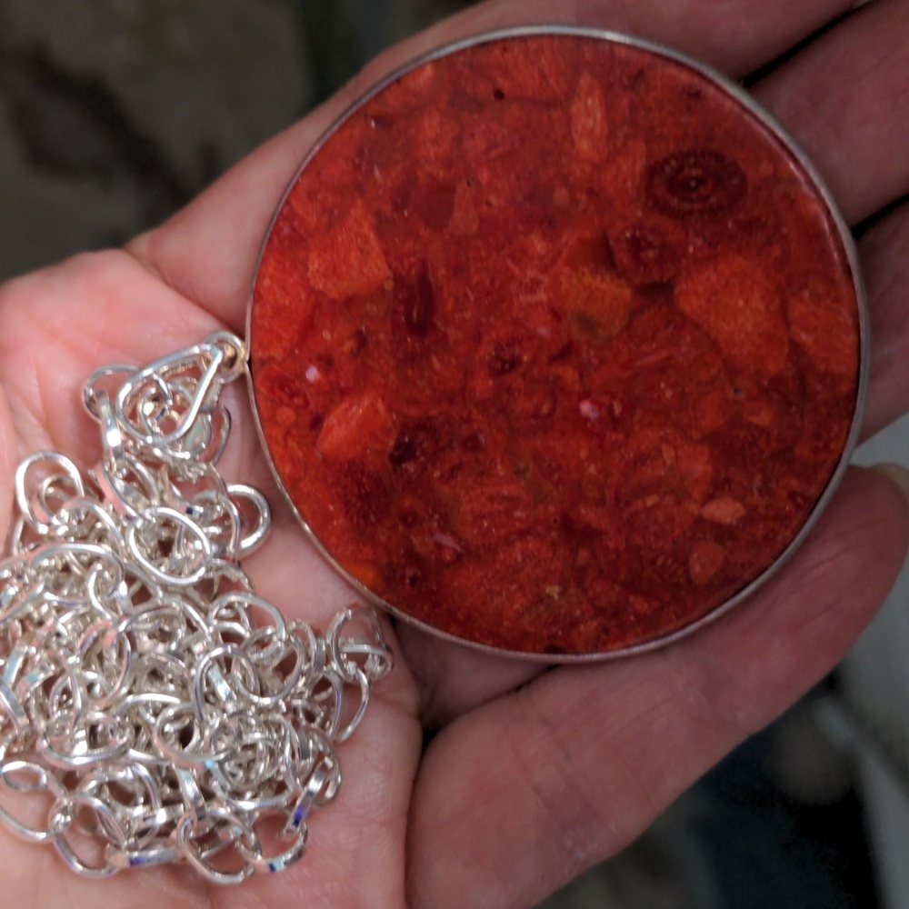 Red Orange Coral Pendant Necklace, New, Genuine. Adjustable 24"  Silver Chain - Picture 3 of 8